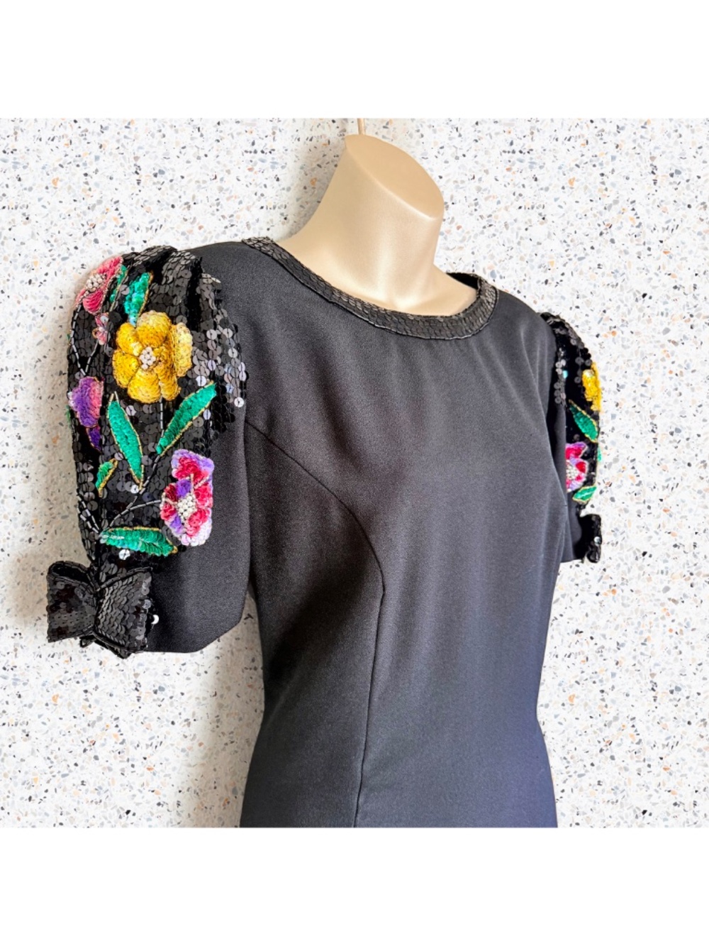 VTG 80s Glam Floral Sequin Puff Sleeve Statement Cocktail Dress Jack Bryan 12
